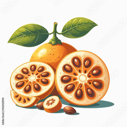 Vibrant digital illustration of a citrus fruit, sliced open to reveal intricate seed patterns, with accompanying leaves and stem.