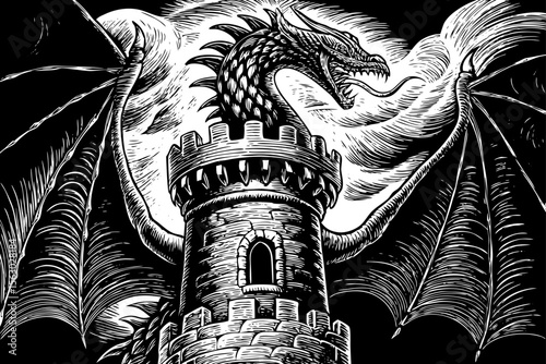 dragon coiled around a castle tower breathing fire, ideal for fantasy books, game art or mythological storytelling a black and white line art illustration