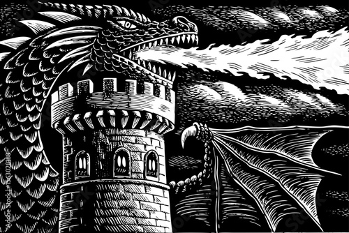 dragon coiled around a castle tower breathing fire, ideal for fantasy books, game art or mythological storytelling a black and white line art illustration