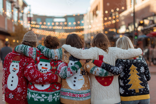 people wearing ugly sweater in hand united. Christmas eve concept.
