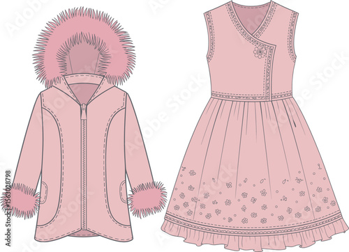 Pink Winter Coat and Floral Dress for Girls Front and Back View, Cute Stylish Outfit Design, Cozy Children’s Fashion Illustration Template
