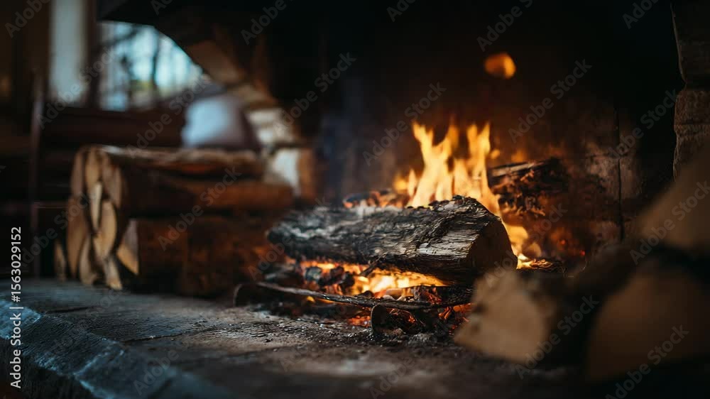 Warm fireplace with logs and flickering flames in a cozy close-up featuring a roaring fire and stacked firewood creating a comforting autumn ambiance