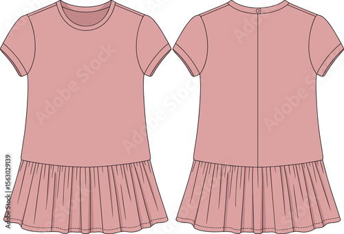 Pink Pleated Dress with Short Sleeves for Girls Front and Back View, Stylish Ruffle Design, Fashion Illustration Template, Cute Apparel