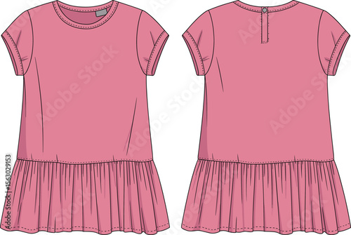 Pink Short Sleeve Dress for Girls Front and Back View, Cute Ruffled Design, Fashion Illustration, Comfortable Casual Apparel, Stylish Template