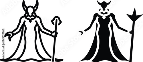 Dark Sorceress Vector Icons – Black and White Evil Queen Halloween Silhouette Illustration