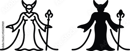 Evil Sorceress Vector Icons – Black and White Halloween Witch Silhouette Illustration with Staff