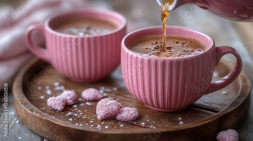 cozy moment with hot beverage poured into pastel pink cups on wooden tray in sunlight