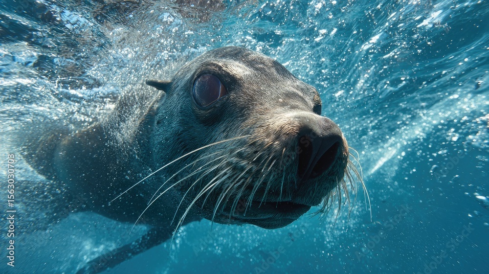 Obraz premium Close-up Underwater Shot of a Curious Sea Lion Swimming in Clear Blue Water
