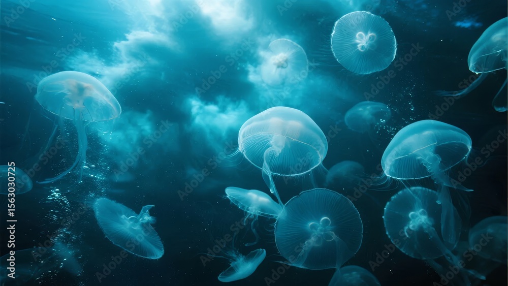 Naklejka premium Glowing Jellyfish Swim Gracefully in Deep Blue Waters