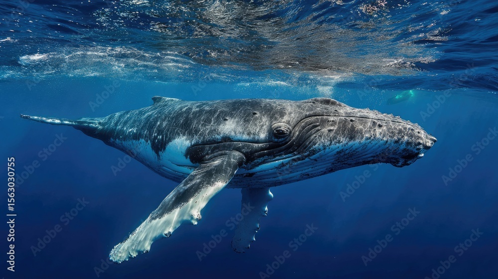 Naklejka premium Magnificent Humpback Whale Gliding Serene in the Clear Blue Underwater Ocean
