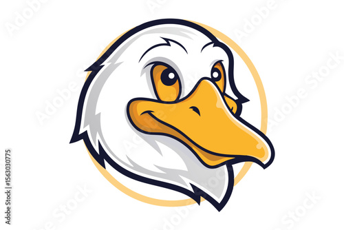 An amusing goose face with striking yellow beak smiles cheerfully in a cartoonstyled rendering