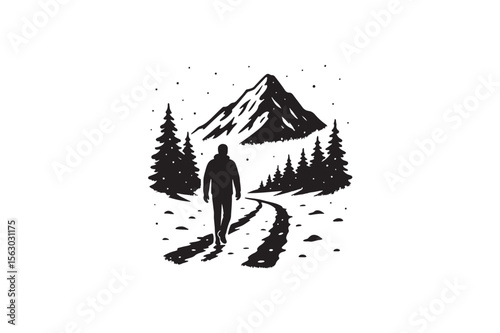 Lone Man Walking Snowy Road to Mountain silhouette on white background.01