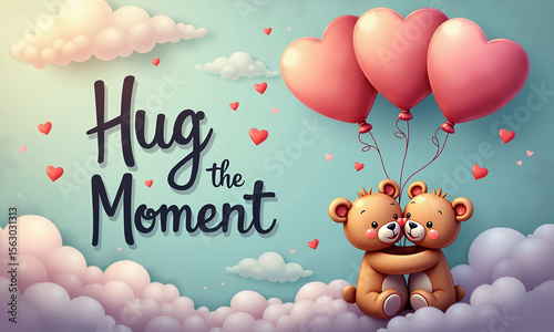 Wallpaper Mural Bear holding pink heart balloons floating above soft fluffy clouds. Torontodigital.ca