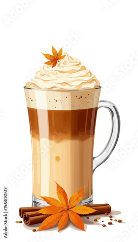 Autumn latte with whipped cream and cinnamon on white background  