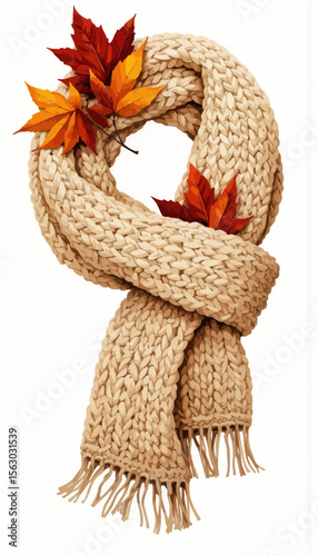 Warm knitted scarf with colorful autumn leaves on white background  