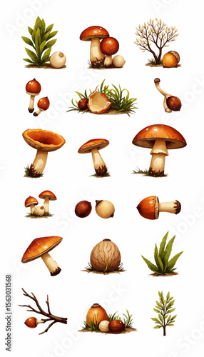 Various types of mushrooms, plants, and natural elements in illustration  