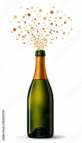 Champagne bottle with sparkling stars bursting from the top  