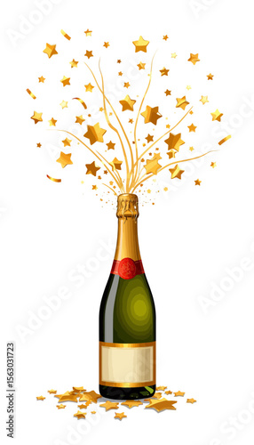Champagne bottle with golden confetti bursting in celebration  