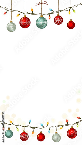 Festive Christmas ornaments hanging on string with lights on white background  