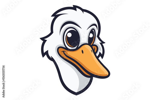 Cartoonish duck head presents a bright orange beak and big eyes