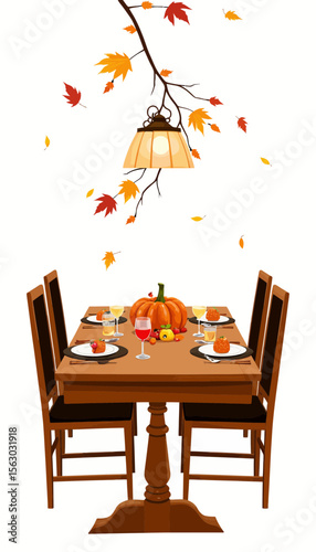 Autumn dining table setup with pumpkins and fall decorations  
