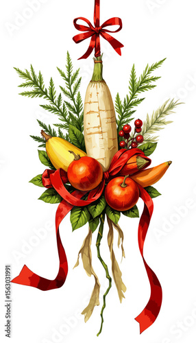 Festive arrangement of fruits and vegetables with red ribbon decoration  