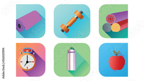 Illustration of fitness icons featuring a yoga mat dumbbell and other workout related objects shown here