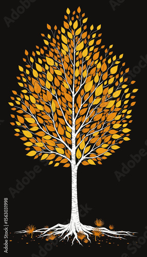 Tree with vibrant orange leaves on black background  