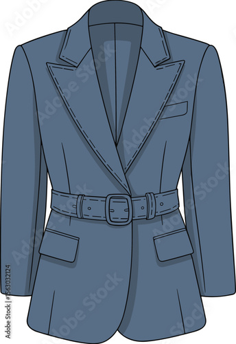 Stylish blue belted blazer with lapel and front pockets, elegant professional and casual fashion clothing, trendy outerwear jacket design template illustration