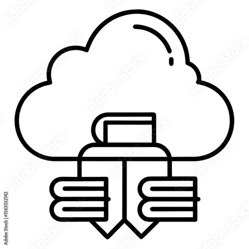 Icon of cloud and stacked books symbolizing online education, e-learning platform, virtual library, and remote study resources