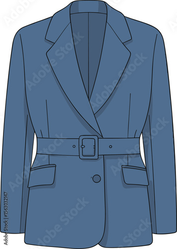 Stylish blue belted blazer with modern lapel and pocket design, elegant fashion clothing for women, versatile formal casual outerwear template