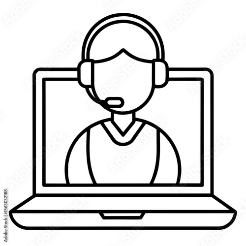 Minimal icon of support agent on laptop screen representing online help, digital assistance, customer service, and remote tech support