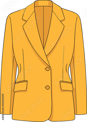 Yellow double-breasted blazer with notch lapel, button closure, and front pockets, stylish elegant formal fashion outerwear clothing design template