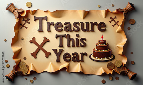 Wallpaper Mural Old-style parchment with treasure symbols and chocolate cake centerpiece. Torontodigital.ca