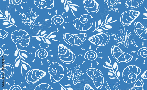 Hand drawn Italian mediterranean seafood seamless pattern. Italy summer print, background with lemon, olive, oyster, shell. Amalfi coast sea elements for Italy menu, wedding, food sketch. Vector illus
