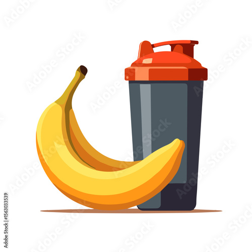 Bold banana next to shaker in pop art style, health energy concept