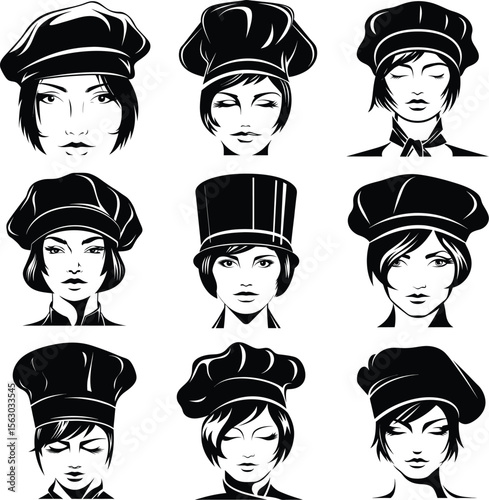 Collection of diverse female chef portraits wearing traditional toques and hats