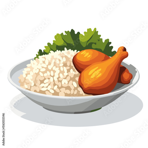 Vibrant rice and chicken dish on a white plate, healthy nutrition