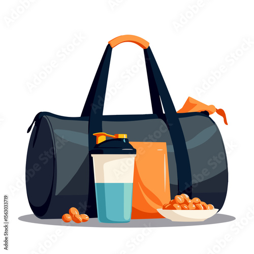 Dynamic gym bag with shaker and snacks on white background, sports nutrition
