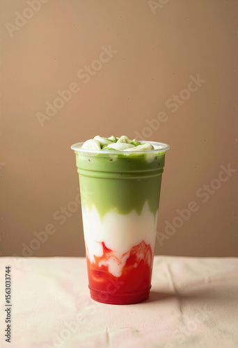 A delicious iced strawberry matcha latte beautifully layered in a to-go cup, with vibrant red puree, creamy milk, and rich green tea for a refreshing treat.
