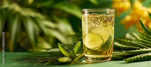 Fresh aloe vera and lemon drink. Nutrition vitamin antioxidant. Generative AI technology.	
