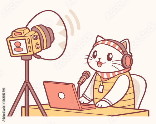 Cute Cat Vlogger Streaming Online with Camera Microphone Laptop and Headphones Illustration