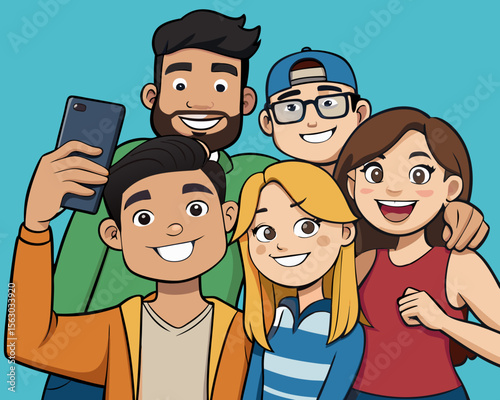Cartoon Illustration of a Group of Friends Taking a Selfie Together Smiling