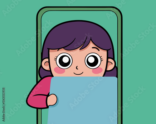Cartoon girl holding a blue sign inside a phone frame against green background