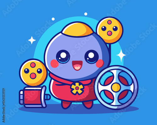 Cute Cartoon Filmmaker Character with Film Reel Movie Camera and Film Strip on Blue Background