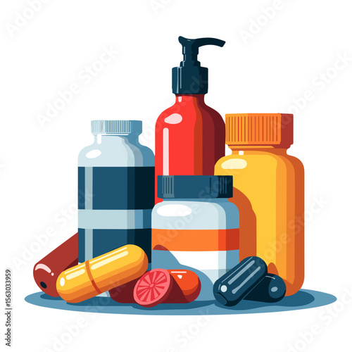 Vibrant supplement stack on counter, energizing health concept