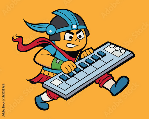 Cartoon Viking Character Running with a Keyboard on an Orange Background Vector Illustration