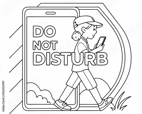 Coloring page illustration of a girl distracted by her phone with do not disturb message