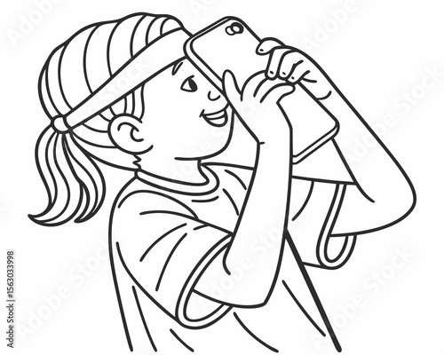 Line art illustration of a girl taking a picture with her smartphone device
