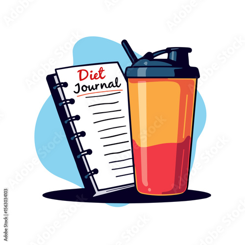 Bold vector illustration of diet journal and shaker bottle, fitness motivation